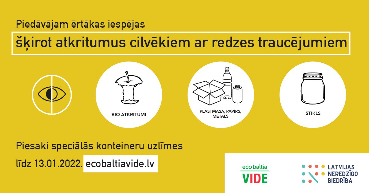 Atkritumu šķirošanas iespējas cilvēkiem ar redzes traucējumiem.